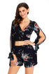 Navy Floral Print Split Sleeves Crop Top and Short Set